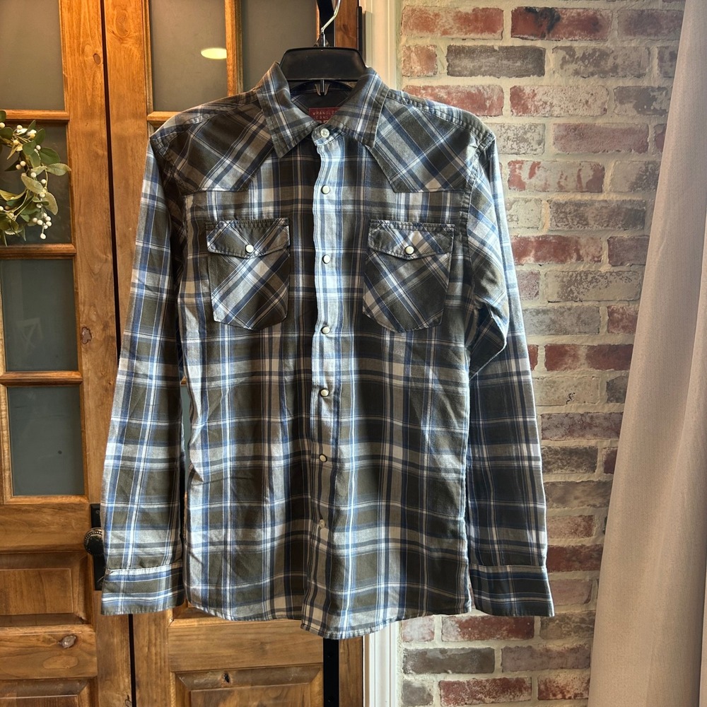 Wrangler Western Shirt Mens Small Brown Blue Plaid Pearl Snap Long Sleeve Cotton